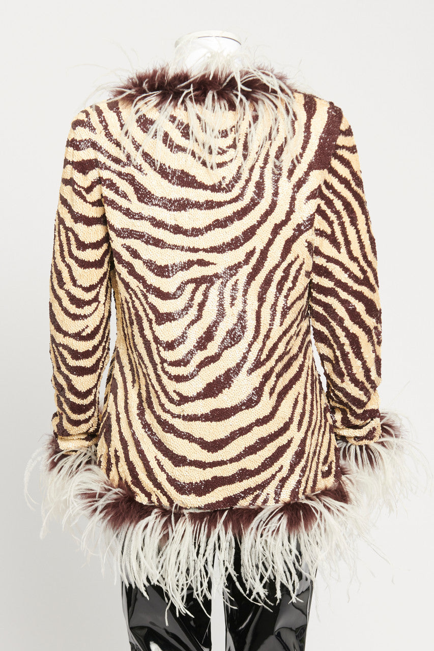 Brown / Cream Animal Print Preowned Sequin Jacket with Marabou Trim