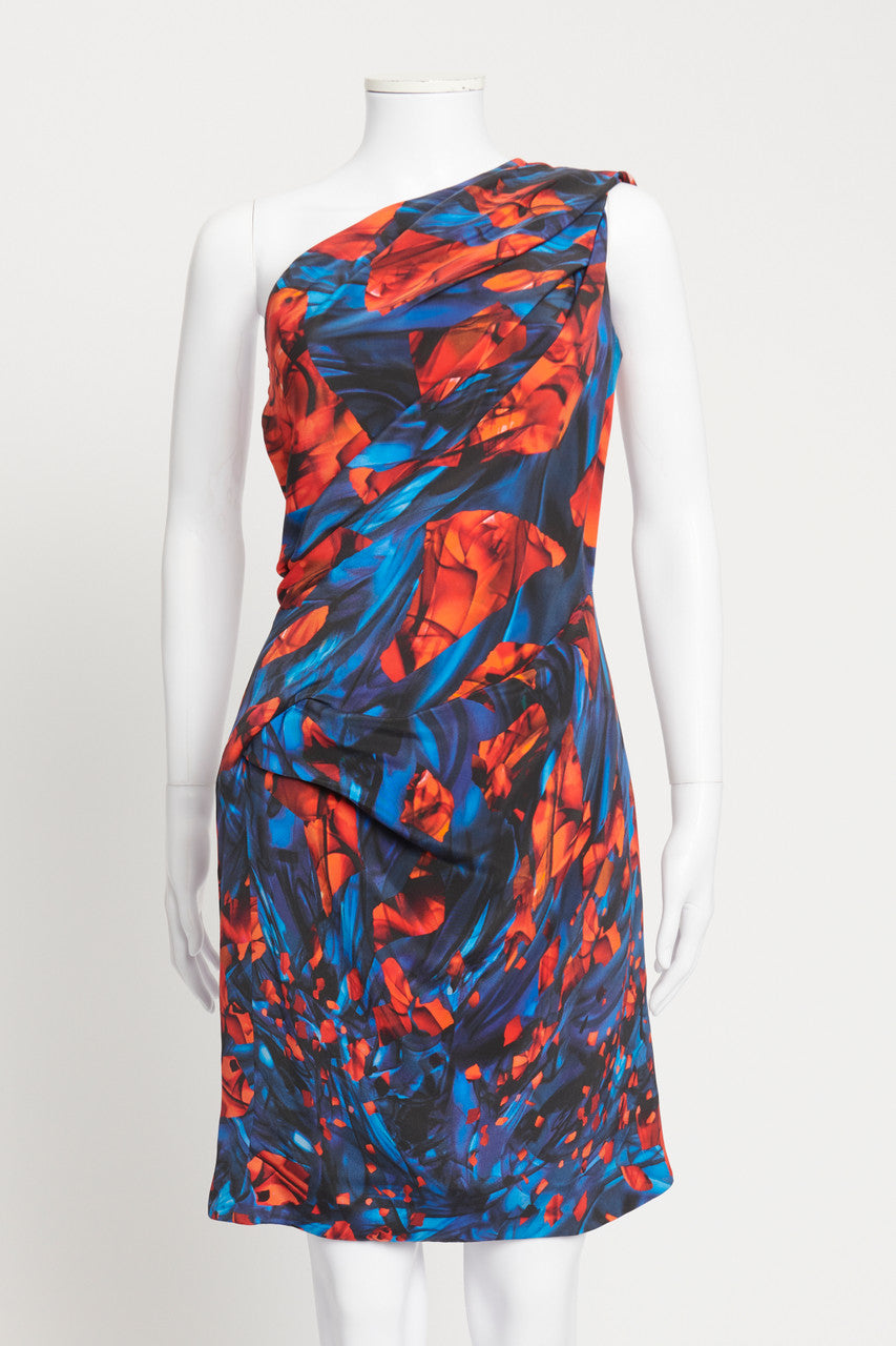 Red and Blue Graphic Print One Shoulder Preowned Dress