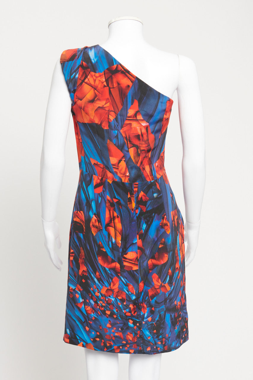 Red and Blue Graphic Print One Shoulder Preowned Dress