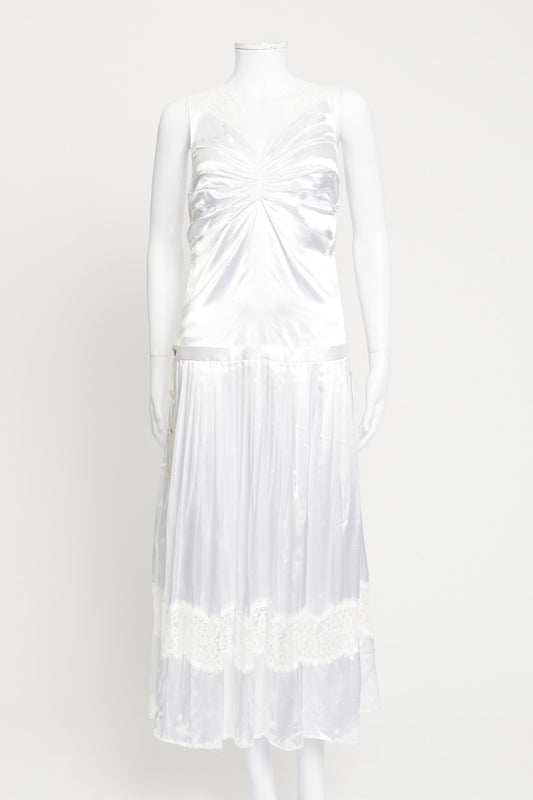 White Lace Satin Preowned Maxi Dress