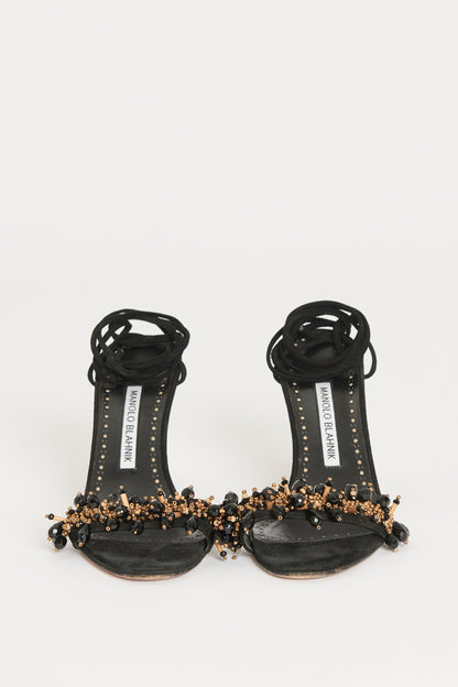 Black Suede Bead Embellished Preowned Sandals