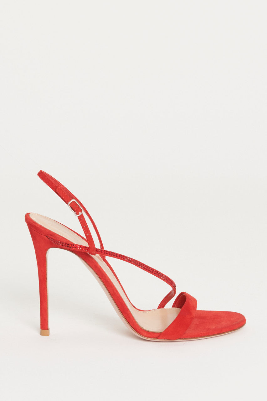 Red Suede Strappy Crystal Embellished Preowned Pumps