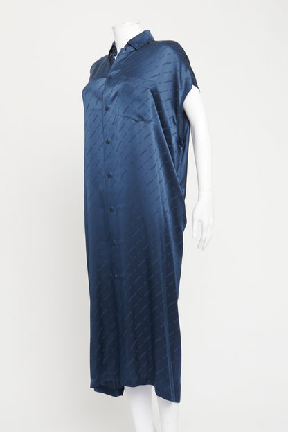2020 Midnight Blue Silk Monogrammed Preowned Shirt Maxi Dress