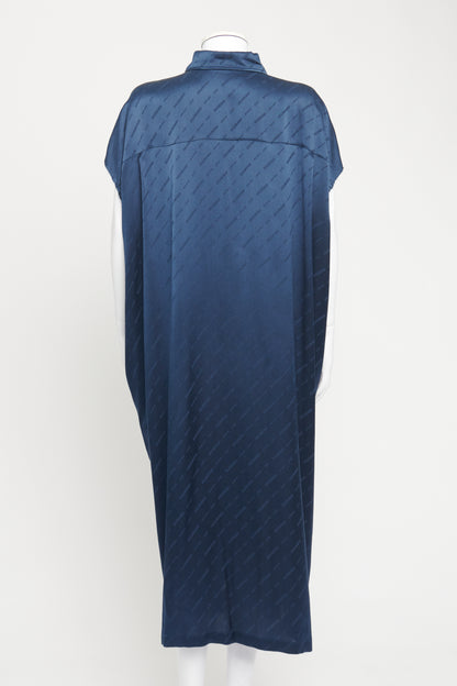 2020 Midnight Blue Silk Monogrammed Preowned Shirt Maxi Dress