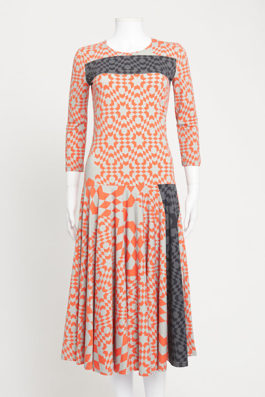 Orange and Grey Geometric Print Jersey Preowned Midi Dress