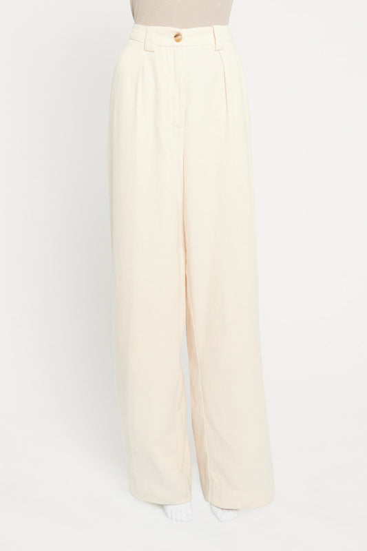 Blush Beige Cotton Pleated Preowned Wide Leg Trousers