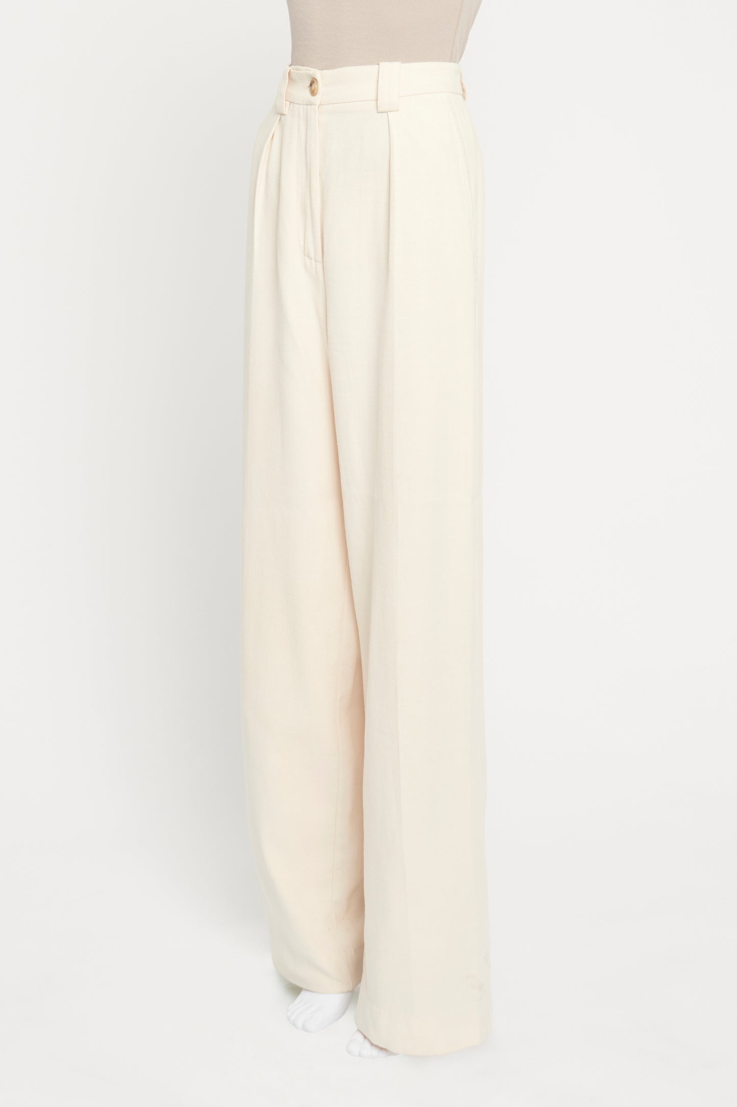 Blush Beige Cotton Pleated Preowned Wide Leg Trousers