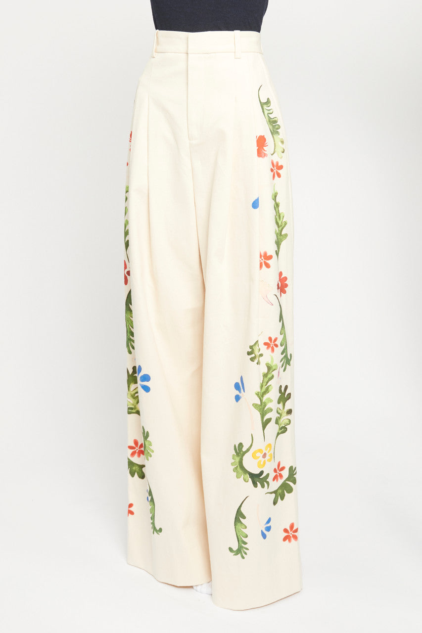 Cream Cotton Floral Preowned Wide Leg Trousers