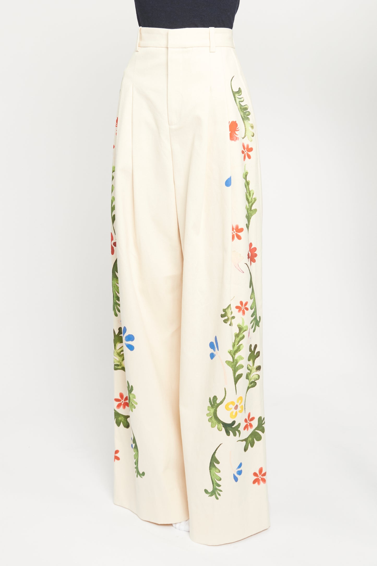 Cream Cotton Floral Preowned Wide Leg Trousers