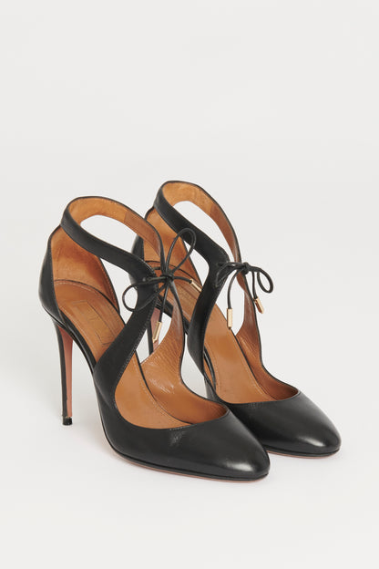 Black Leather Round Toe Tie Preowned Heels