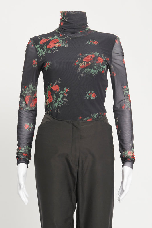 Black Floral Long Sleeve Semi Sheer Preowned Turtle Neck