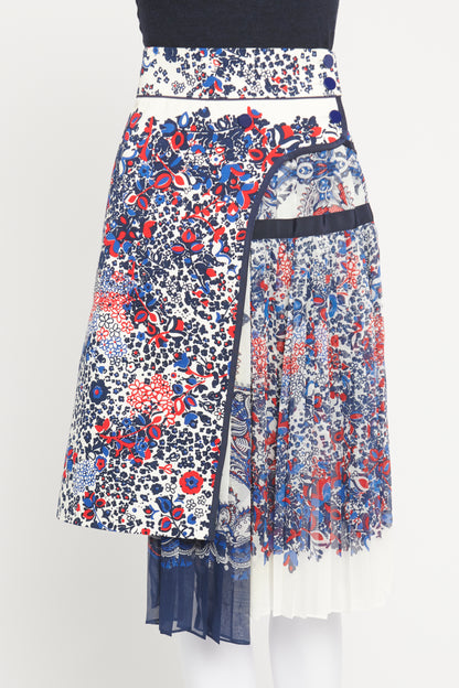 Blue, Red and White Floral Print Preowned Midi Skirt