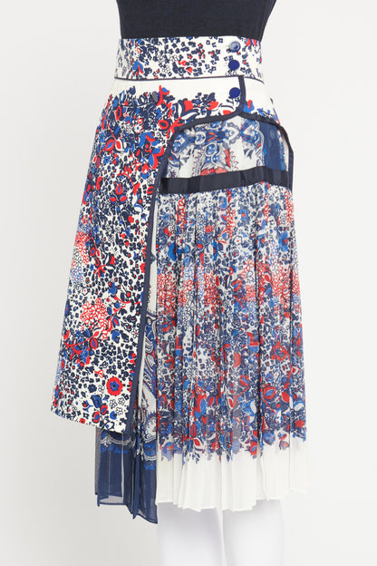 Blue, Red and White Floral Print Preowned Midi Skirt