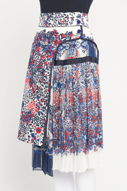 Blue, Red and White Floral Print Preowned Midi Skirt