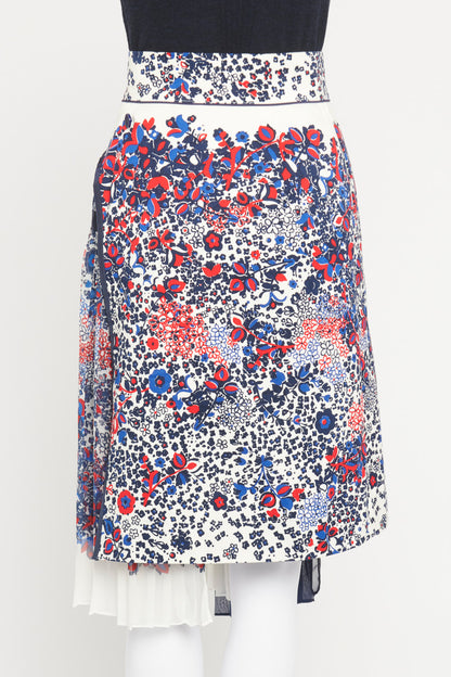 Blue, Red and White Floral Print Preowned Midi Skirt