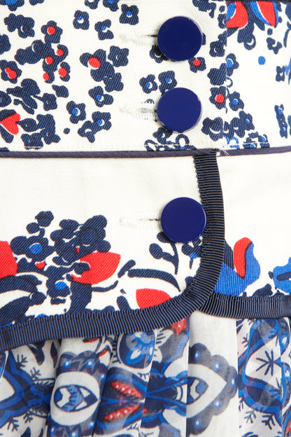 Blue, Red and White Floral Print Preowned Midi Skirt