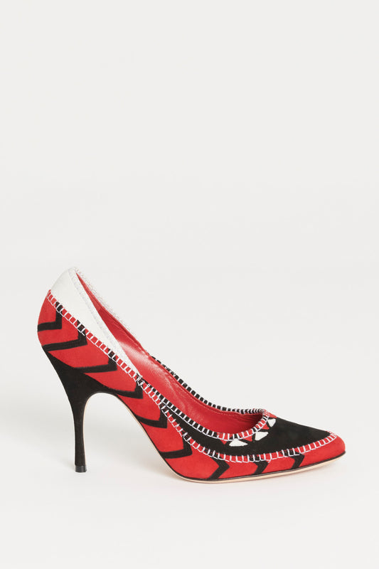 Red, White and Black Suede Embroidery Stitch Preowned Pumps
