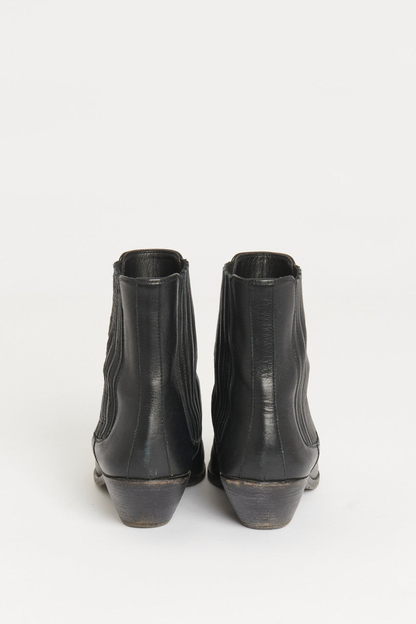 Black Leather Preowned Pointed Toe Ankle Boots