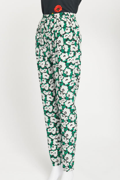 Green Floral Print Silk Preowned Trousers
