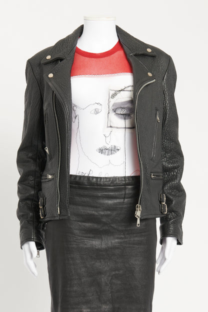 Black Grained Leather Preowned Biker Jacket