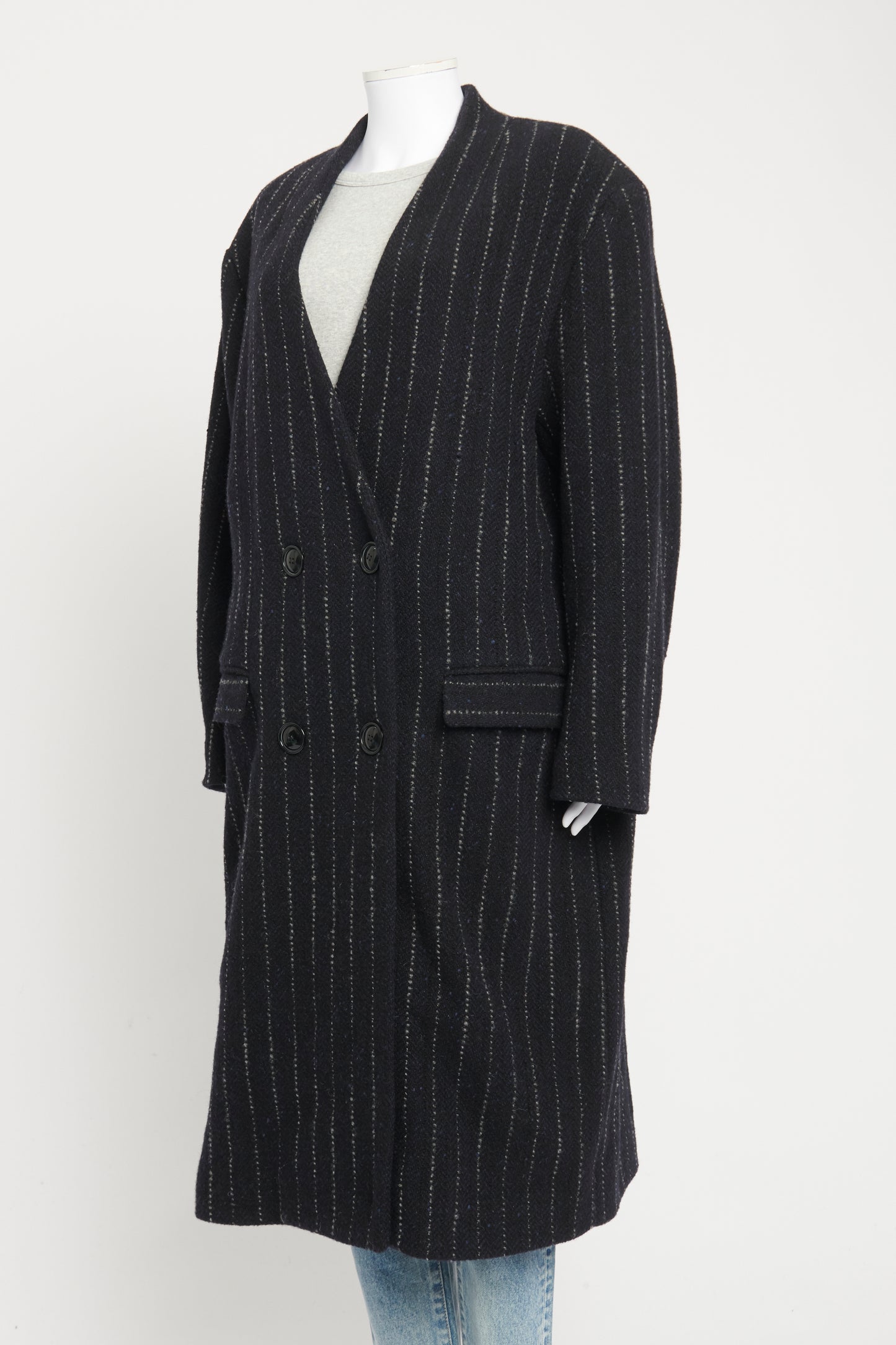 Navy And Grey Wool Pinstripe Preowned Crombie Coat