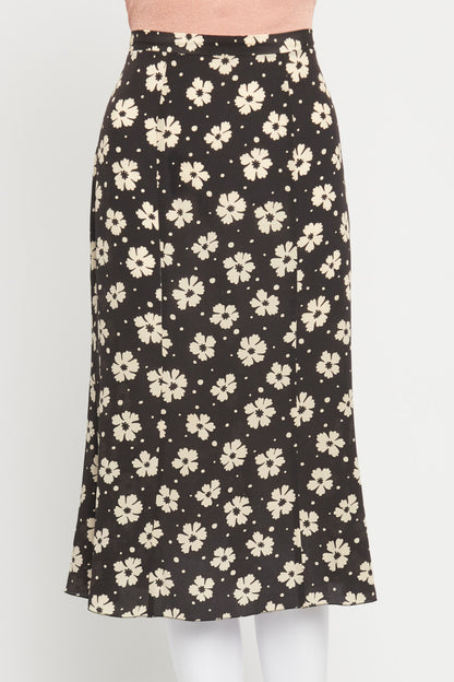 Black and Cream Flower Preowned Midi Silk Skirt
