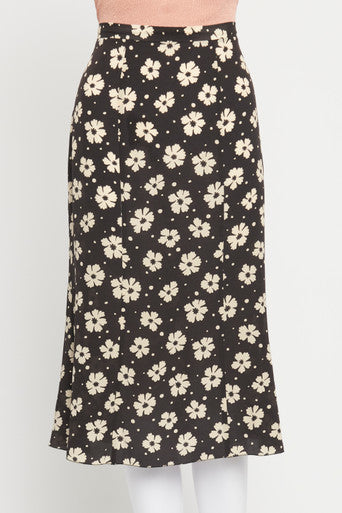Black and Cream Flower Preowned Midi Silk Skirt