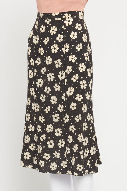 Black and Cream Flower Preowned Midi Silk Skirt