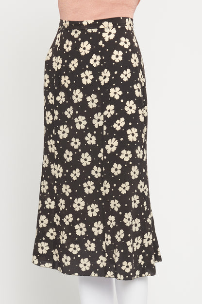 Black and Cream Flower Preowned Midi Silk Skirt