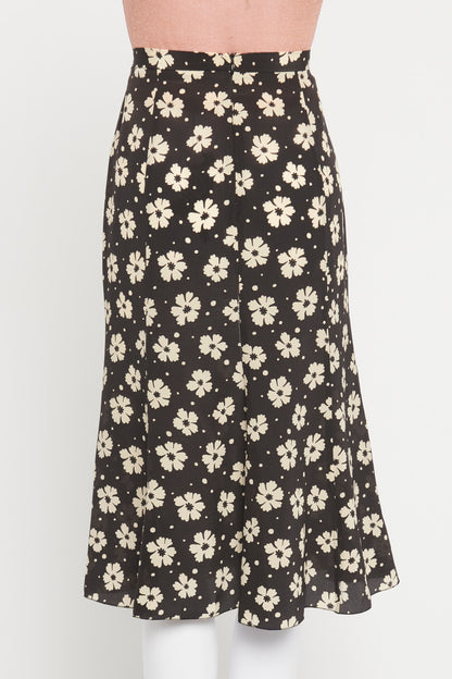 Black and Cream Flower Preowned Midi Silk Skirt