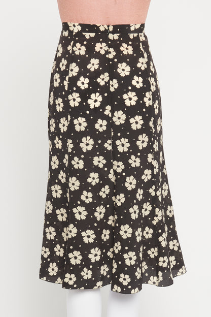 Black and Cream Flower Preowned Midi Silk Skirt