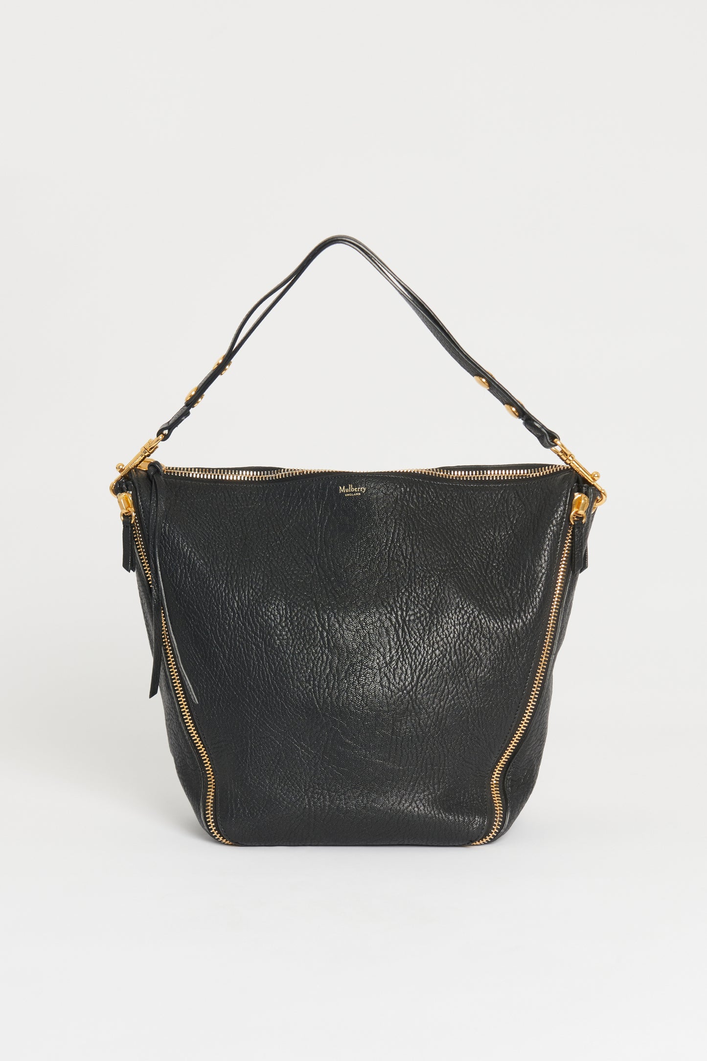 Black Grained Leather Preowned Zipper Tote Bag