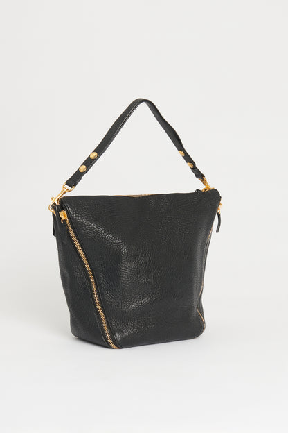 Black Grained Leather Preowned Zipper Tote Bag