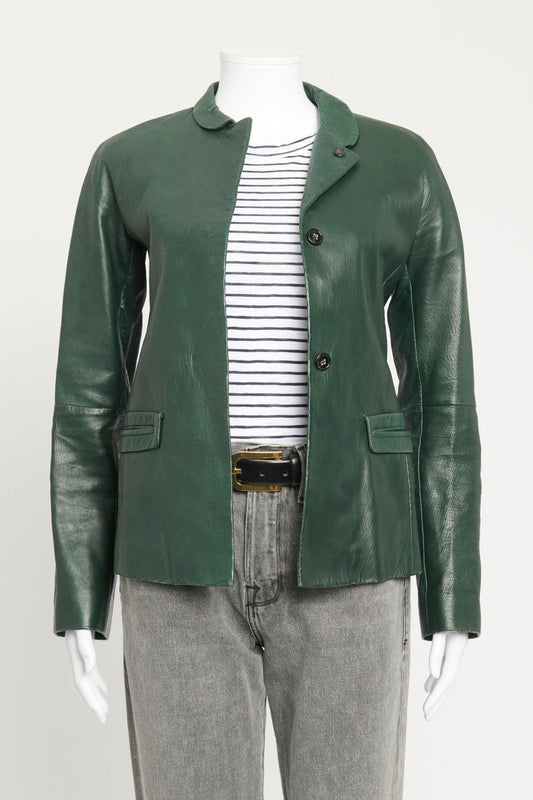 Green Leather Preowned Asymettric Collar Blazer