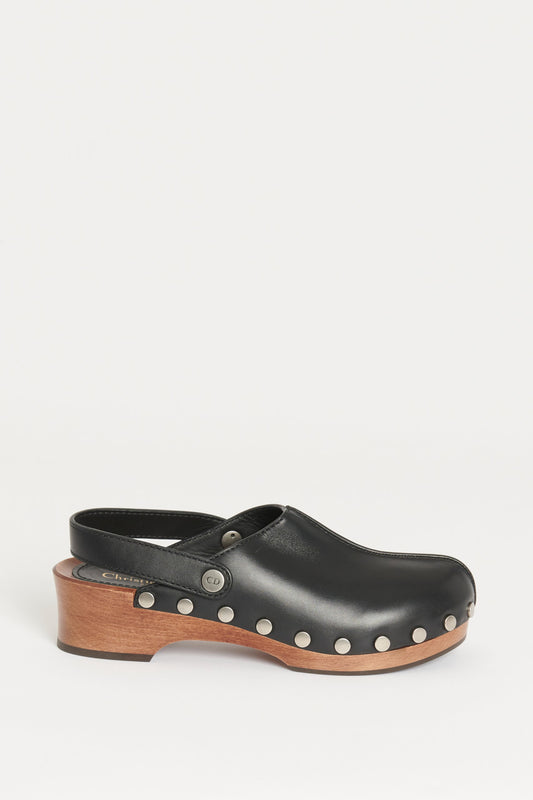 Black Leather Preowned Studded Clogs