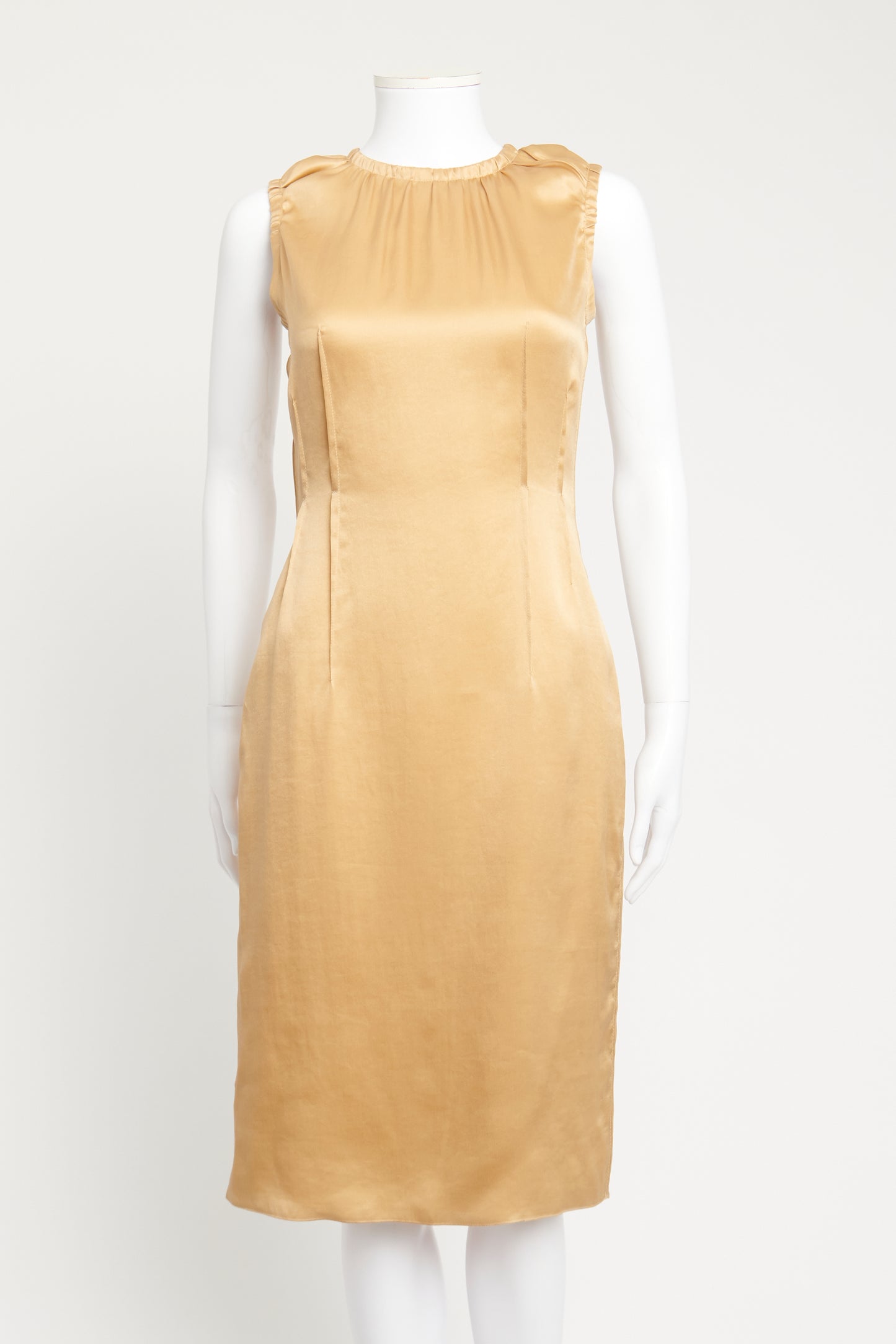 Gold Satin Fitted Preowned Shift Dress