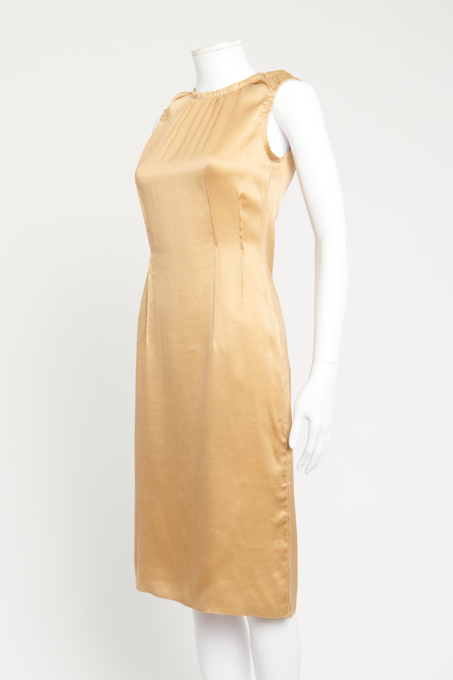 Gold Satin Fitted Preowned Shift Dress