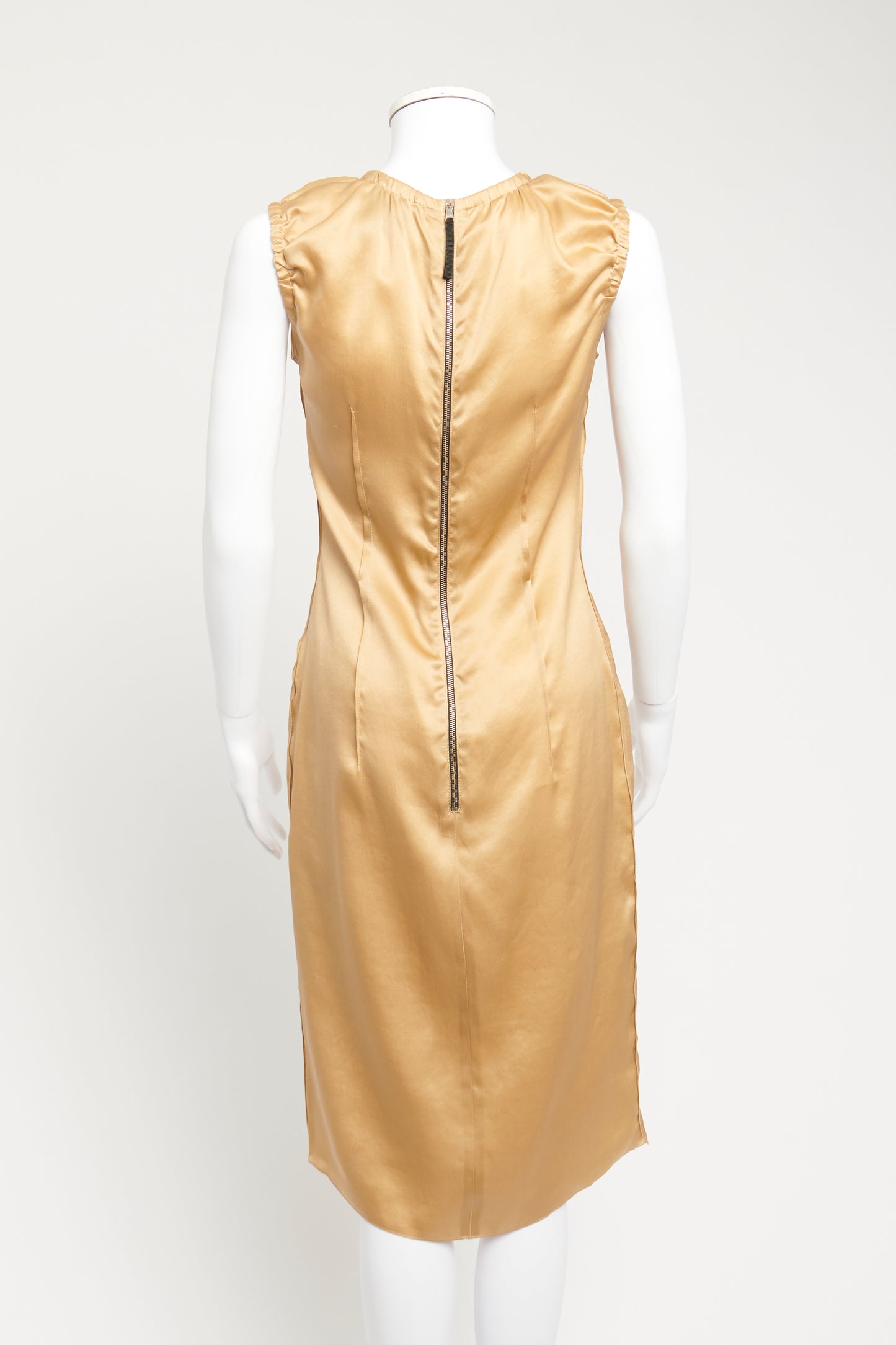 Gold Satin Fitted Preowned Shift Dress