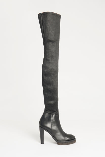 Black Revery Stretch Leather Preowned Thigh High Boots
