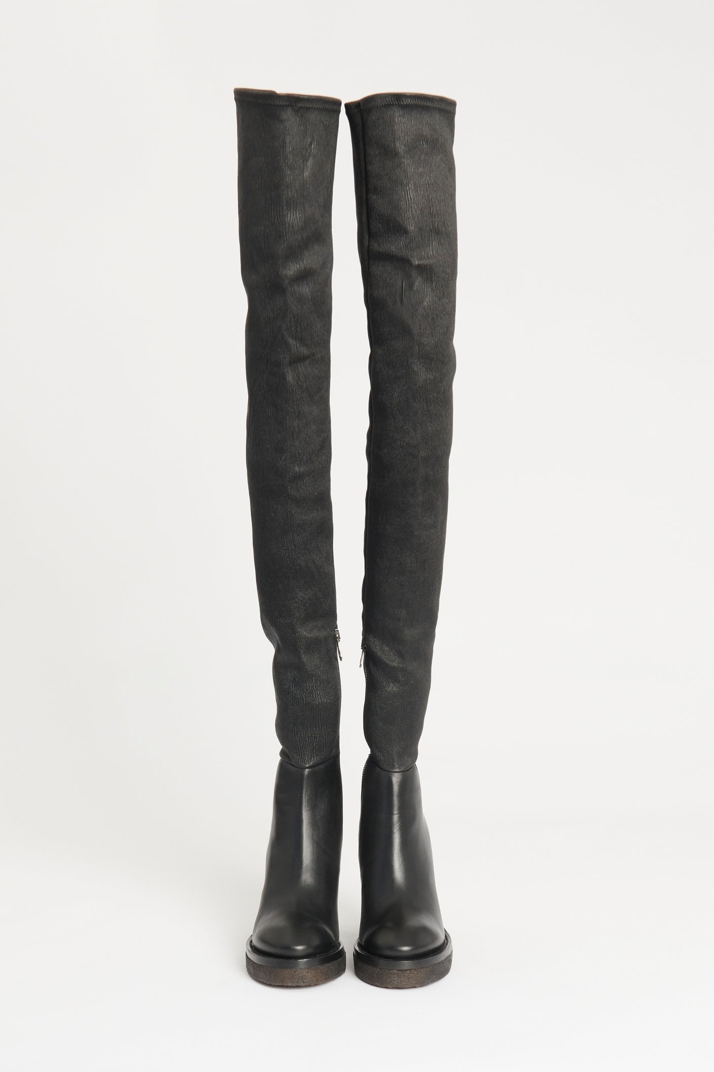 Black Revery Stretch Leather Preowned Thigh High Boots