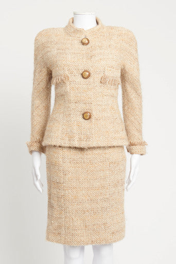 Beige Tweed Wool Preowned Skirt Suit