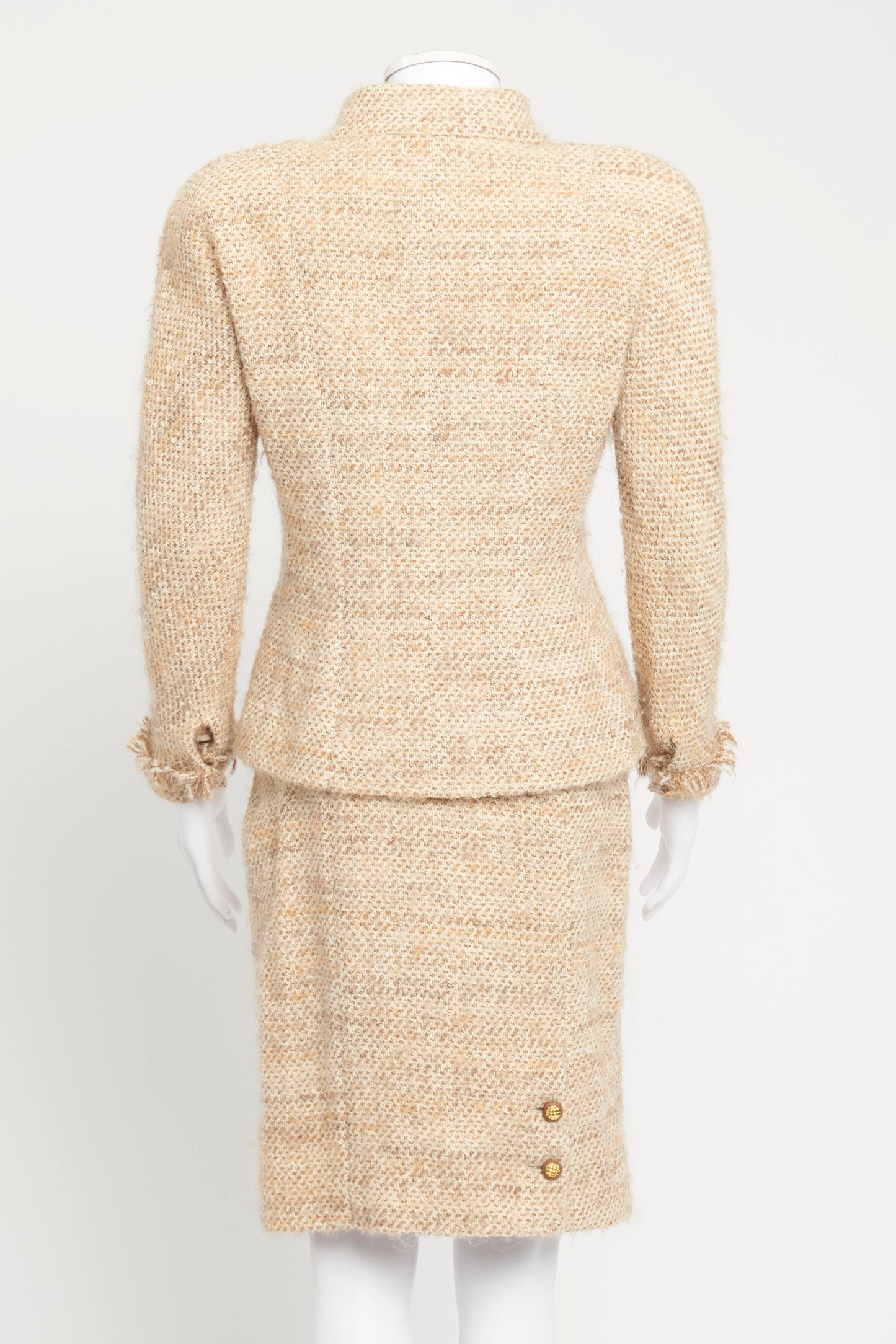 Beige Tweed Wool Preowned Skirt Suit
