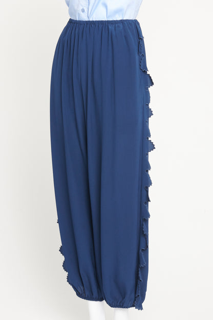 Navy Silk Preowned Harem Style Trousers with Side Trim