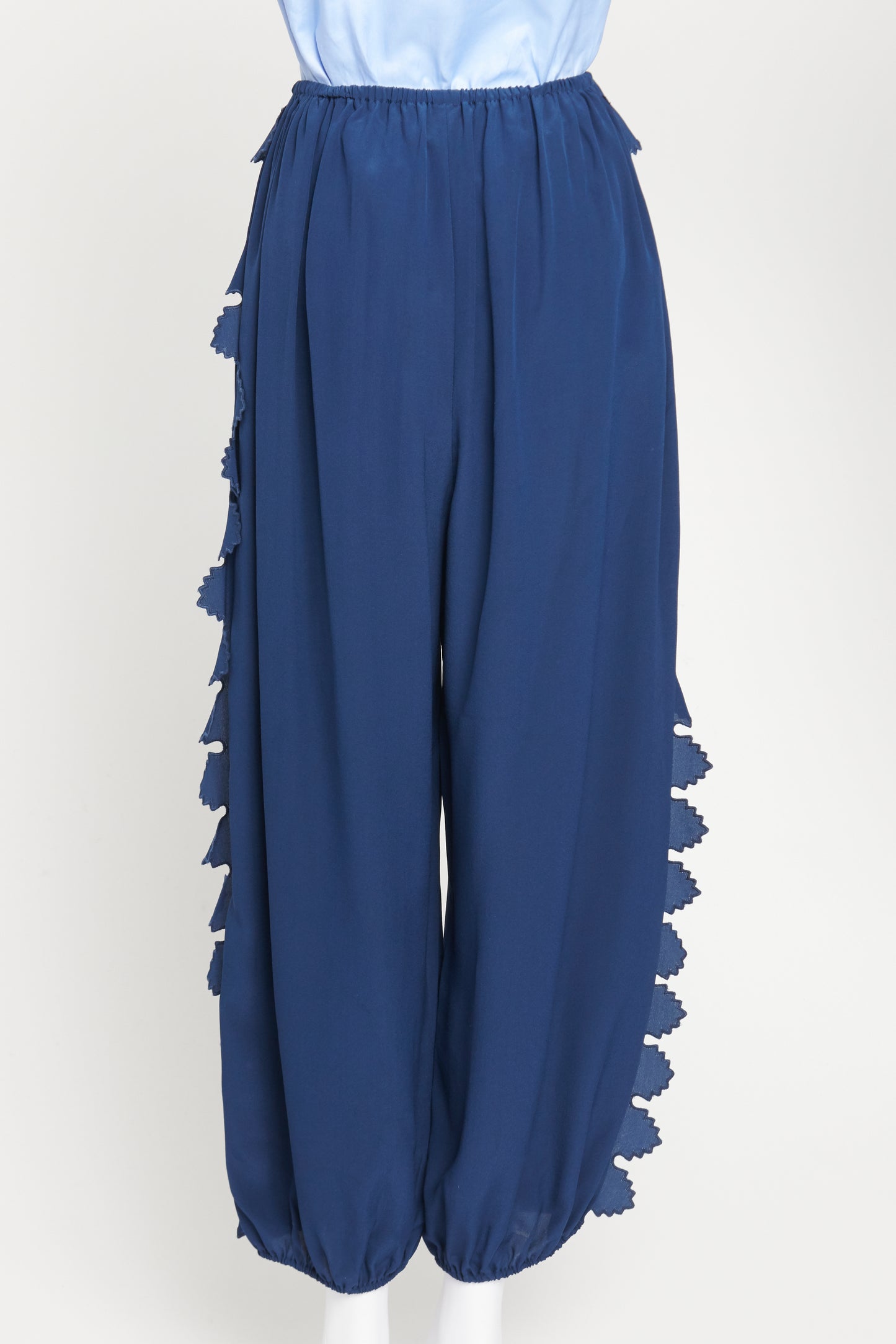 Navy Silk Preowned Harem Style Trousers with Side Trim