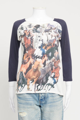 Navy and White Horse Print Preowned Top