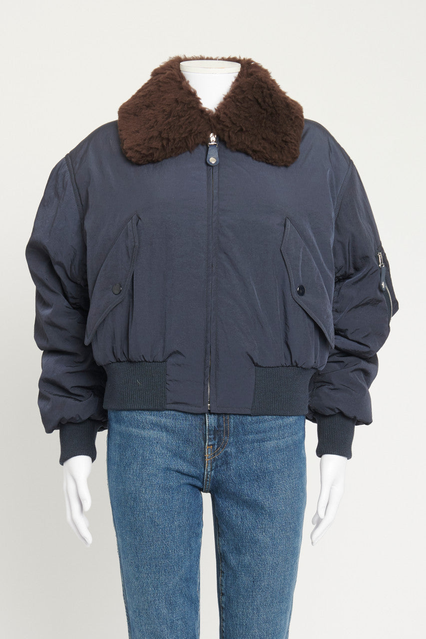 Navy Faux Fur Collar Preowned Puffer Jacket