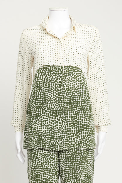 Green and White Collar Preowned Silk Blouse