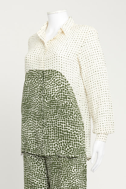 Green and White Collar Preowned Silk Blouse