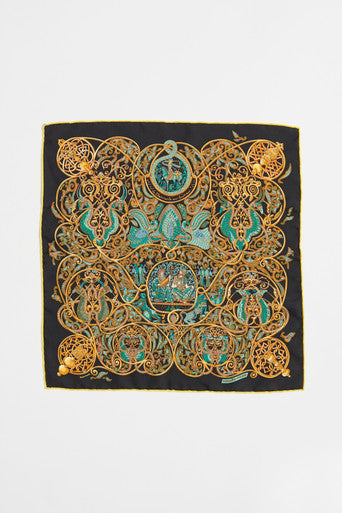 Black and Gold Printed Pocket Silk Preowned Scarf