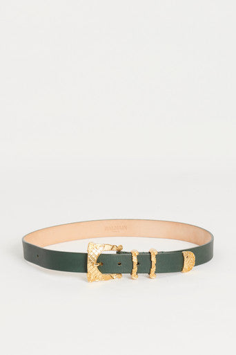 Green Leather and Gold Buckle Preowned Belt